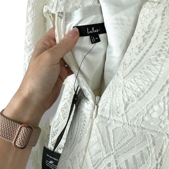 Lulus NWT Gorgeous Attraction White Sheer Lace Structured Long Sleeve Mini Dress - Picture 9 of 11